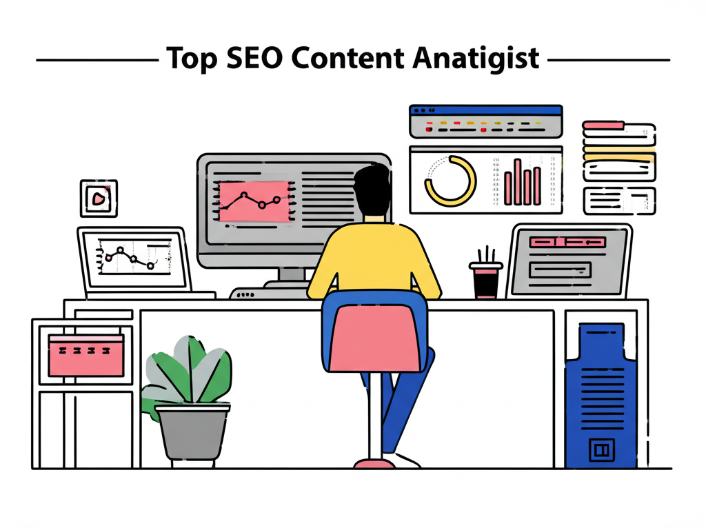 An illustration of a top SEO content strategist and semantic analyst ready for work with various data analysis tools and charts in a modern office setting in illustration style
