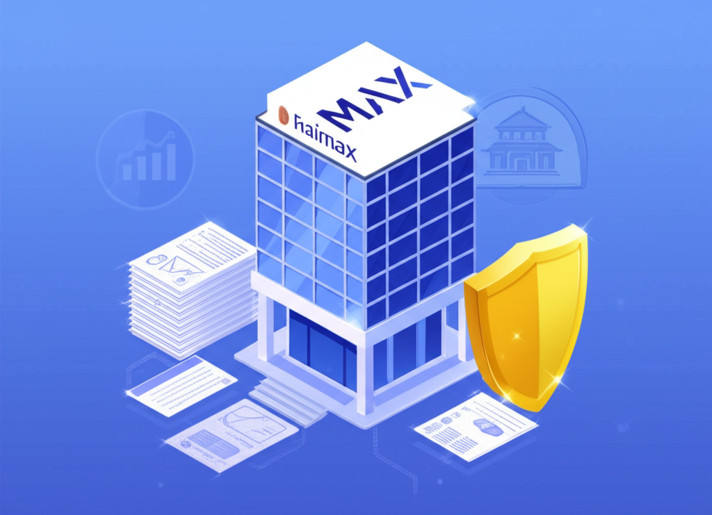 現代虛擬貨幣交易所建築插圖,帶有大型MAX標誌,周圍環繞監管文件和金色盾牌,象徵遵守反洗錢法規,受金融監管機構監督