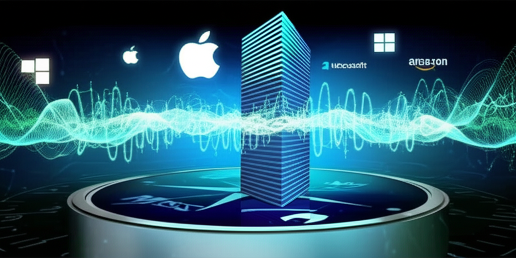 illustration of a stylized NASDAQ building with digital waves of technology and innovation flowing from it global tech giants like Apple Microsoft Amazon represented as stars or glowing symbols in the background a compass showing market direction in the foreground