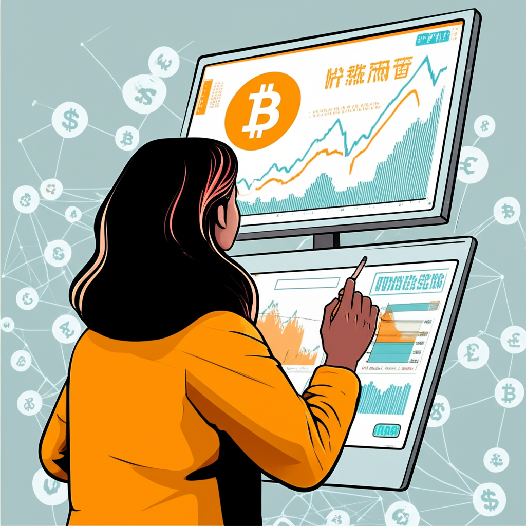 一位人士注視顯示比特幣台幣價格圖表的數位螢幕,背景有全球貨幣符號與區塊鏈網路線條,象徵去中心化金融與投資疑問