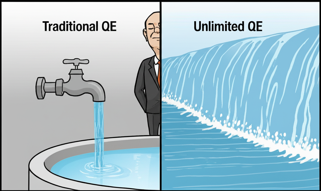 傳統量化寬鬆與無限量化寬鬆政策對比示意圖：有限水龍頭與無盡瀑布的象徵