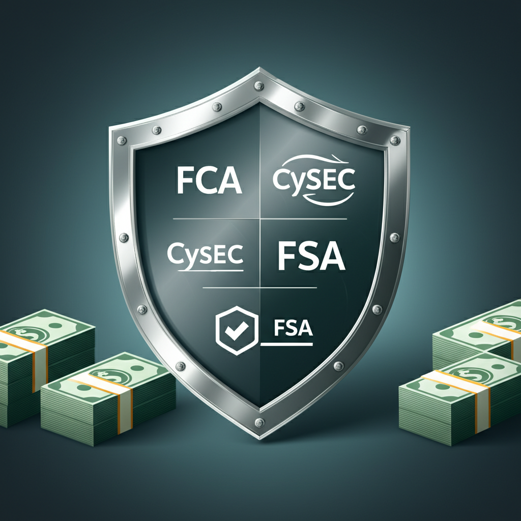 盾牌插圖帶有多個監管標誌如 FCA、CySEC、FSC、FSA 保護金錢堆疊,代表客戶資金分離和投資者賠償計劃確保強大財務安全