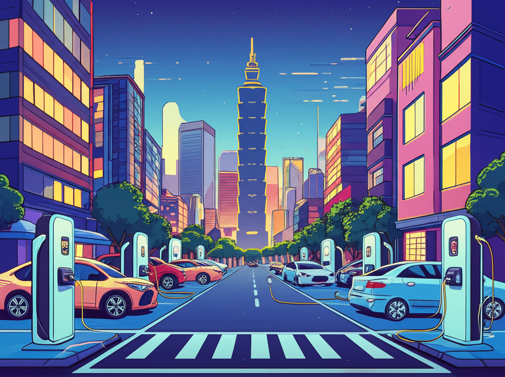 台灣城市天際線與電動車充電站插圖,展示市場成長與基礎設施重要性,緩解駕駛人里程焦慮
