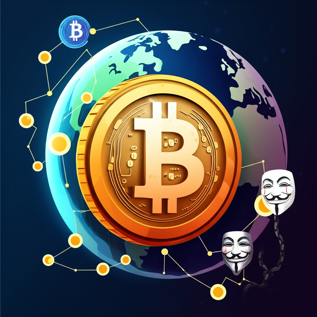 比特幣關鍵特性的插圖,包括有限供應的金幣、去中心化網路、匿名面具、不可破壞的鏈條和全球交易地球