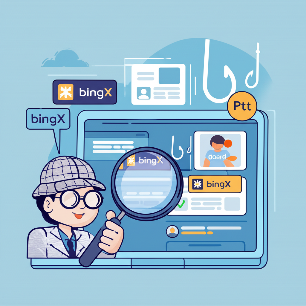 偵探手持放大鏡分析BingX平台與各種詐騙手法的關聯，背景融入Dcard與Ptt元素