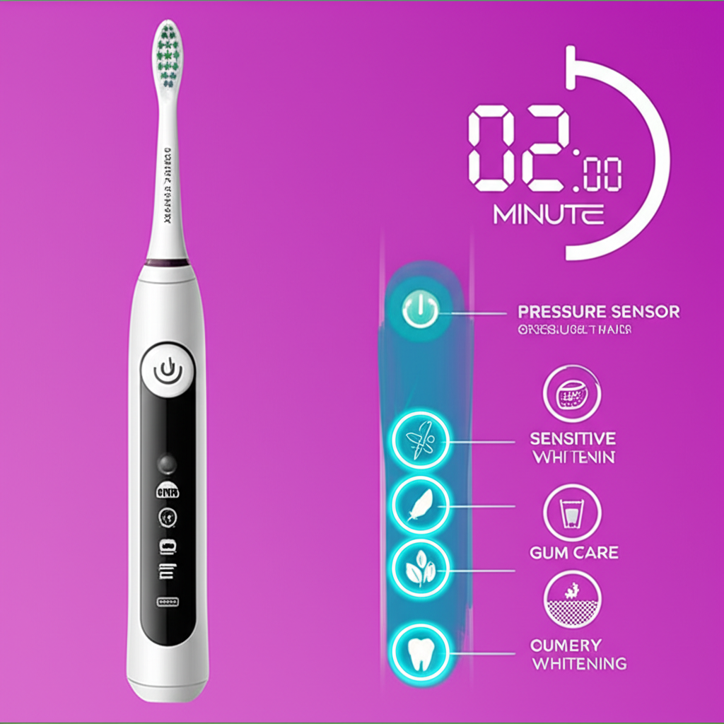 illustration of an advanced electric toothbrush with a two minute timer display a pressure sensor light indicating gentle brushing and various cleaning modes for sensitive whitening and gum care ensuring comprehensive oral health
