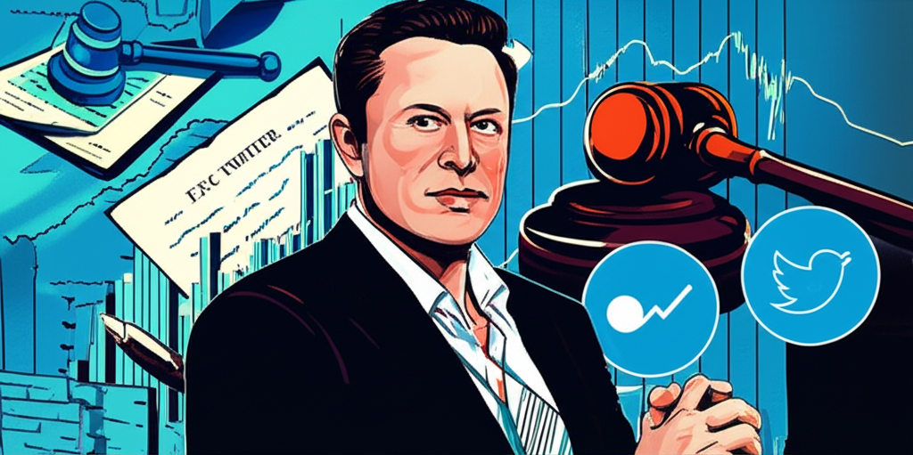 Elon Musk收購Twitter的戲劇性時間線,從秘密增持股份到公開訴訟與最終私有化,背景包含法律文件與股票圖表