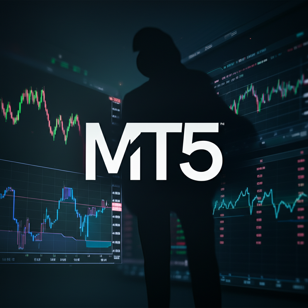 專業MT5交易平台介面與潛在詐騙象徵的插圖