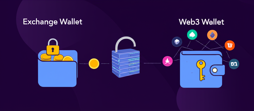 交易所錢包與Web3錢包的對比插圖，一側顯示託管安全儲存，另一側強調用戶控制與DApp連接