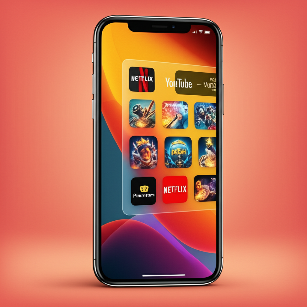 illustration of various app icons like Netflix YouTube Premium and game items on a smartphone screen depicting common in-app purchases and subscription services