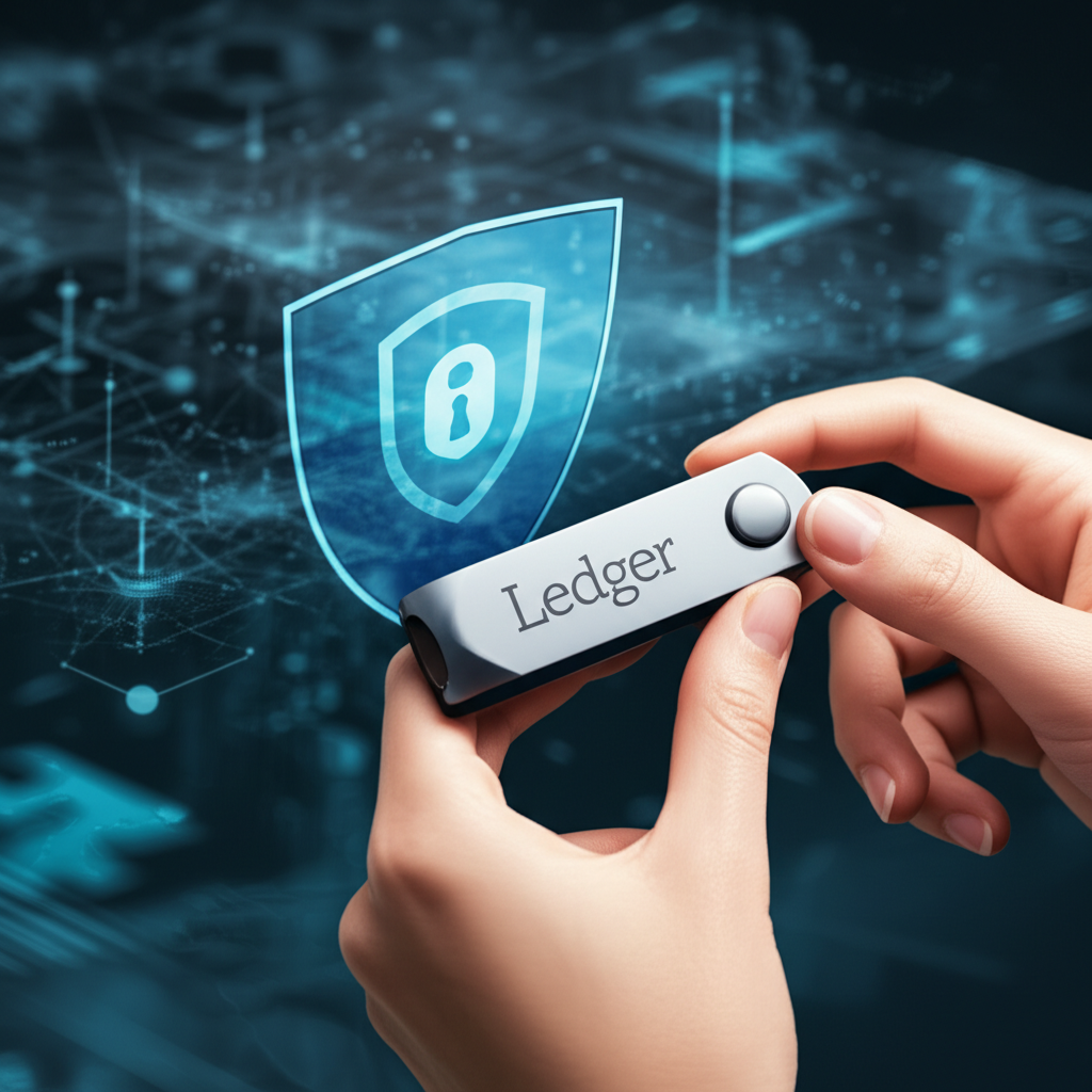 使用者手持Ledger設備,象徵自託管與離線儲存的保護盾,抵禦惡意軟體與釣魚攻擊