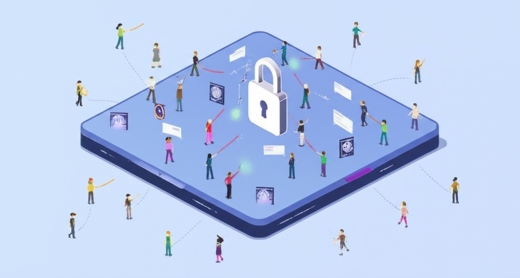 大型安全的OKX加密貨幣交易所平台,眾多小人物代表用戶,鎖頭圖示象徵其全球運作與合法性