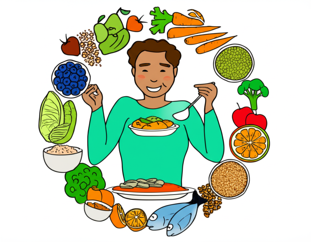 A vibrant illustration of a person enjoying a balanced meal surrounded by fresh fruits, vegetables, whole grains, and lean proteins, symbolizing a healthy eating lifestyle and improved well-being