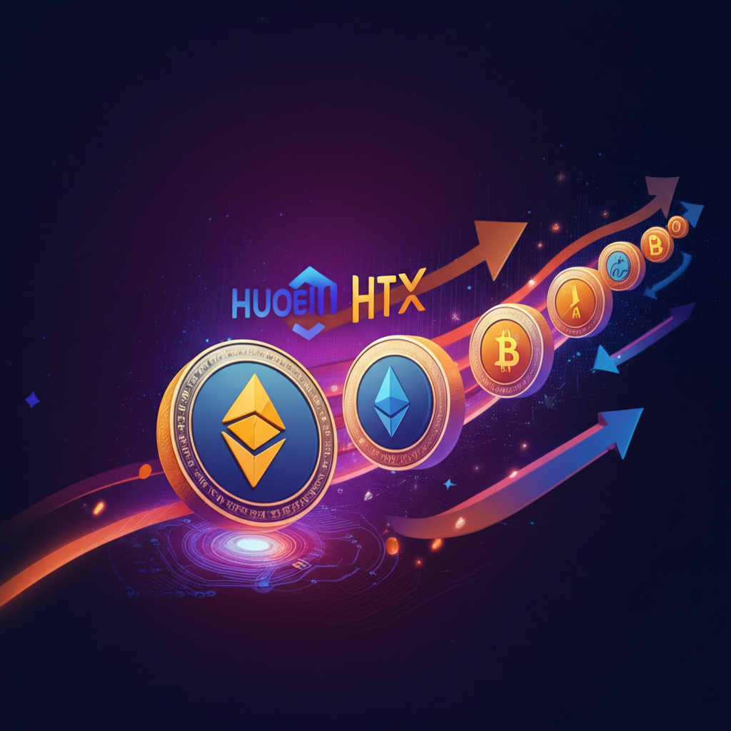 A vibrant illustration of a transforming digital asset exchange evolving from Huobi Global to HTX in a dynamic cryptocurrency world symbolizing enhanced safety efficiency and innovation