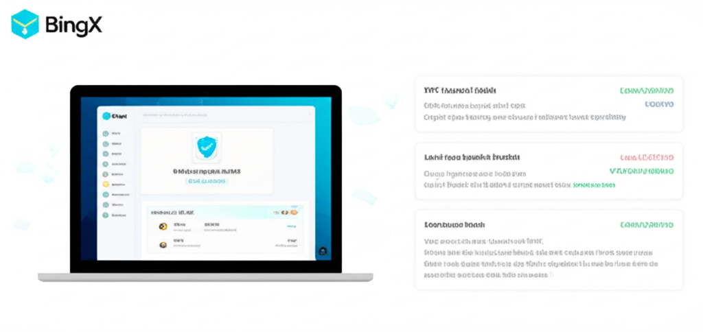 BingX KYC身份驗證與出金安全檢查示意圖，包含驗證等級、提領限額與核對細節提示