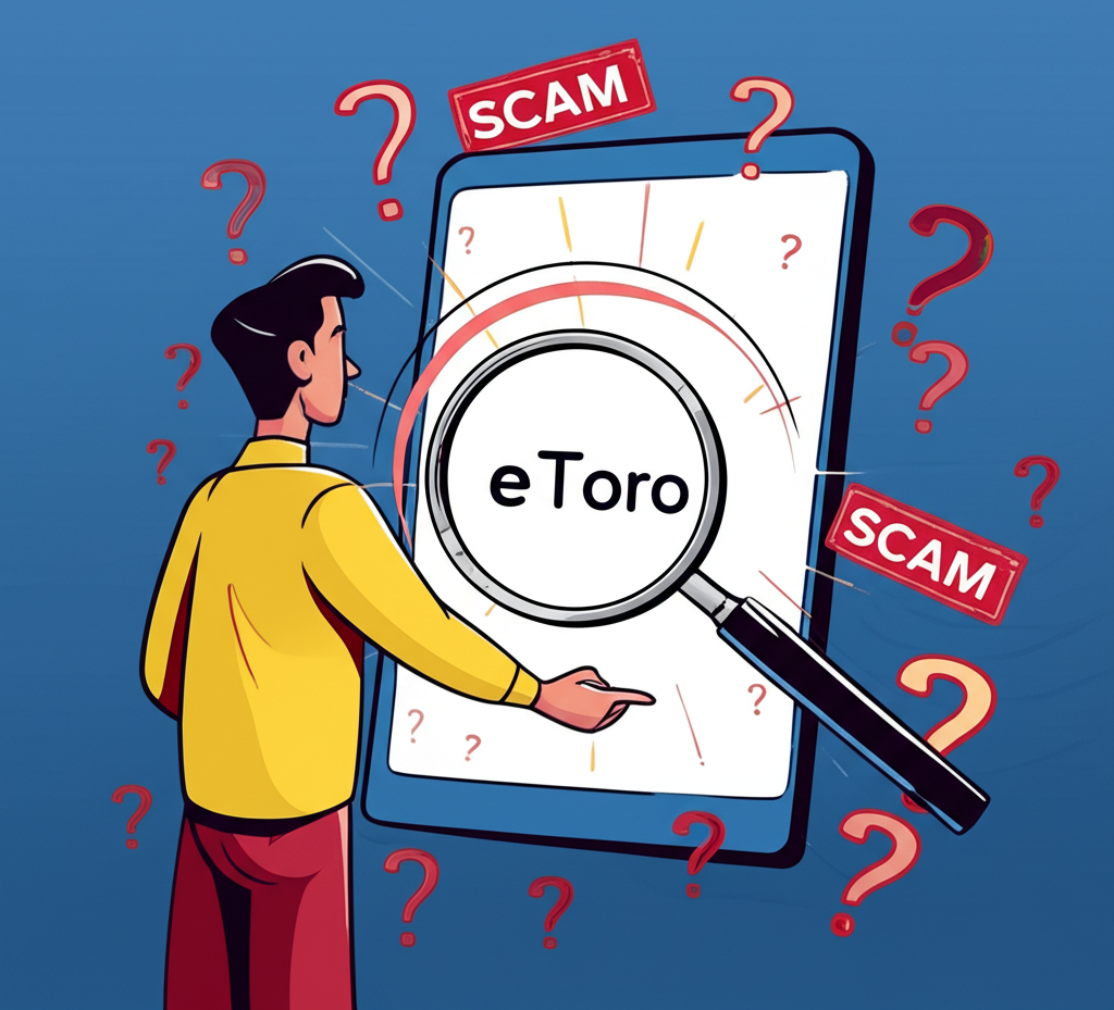 一名投資者盯著顯示 eToro 標誌的螢幕,周圍充滿問號與詐騙警示符號,象徵對全球投資平台合法性的疑慮與真相探究