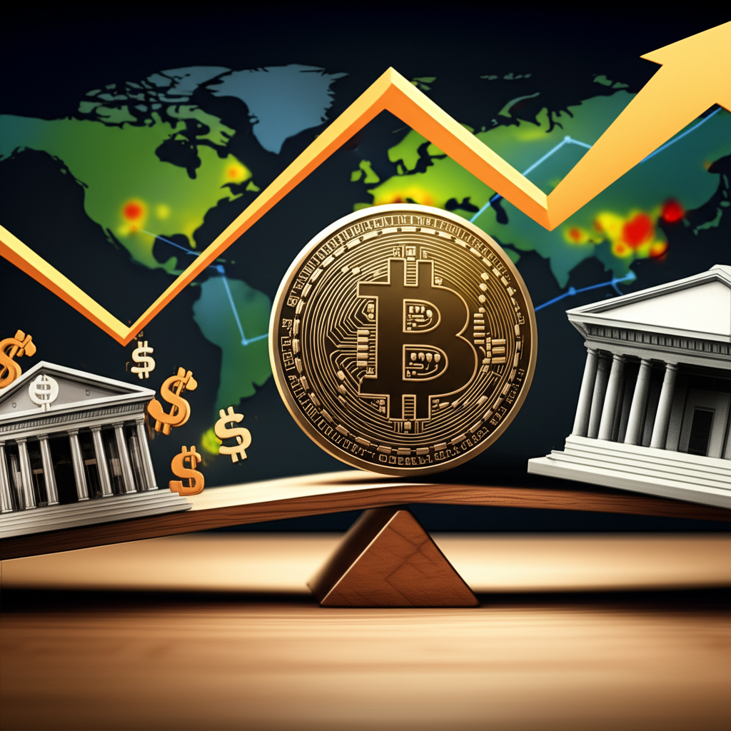 比特幣硬幣置於天平上,與通膨圖表、央行大樓、美元符號及地緣政治風險地圖保持平衡