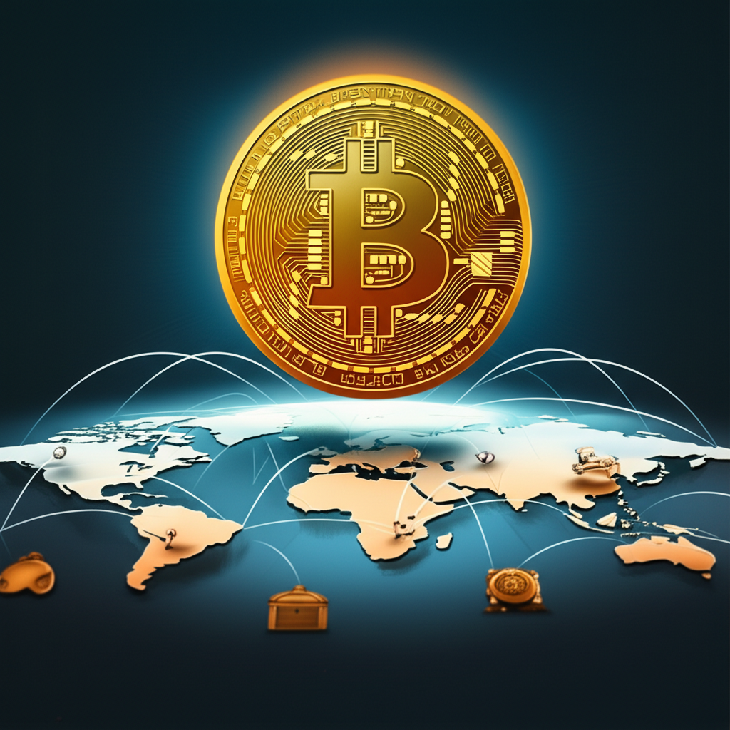 比特幣作為數位黃金在全球金融地圖上的象徵性圖示,凸顯其稀缺性與價值儲存功能