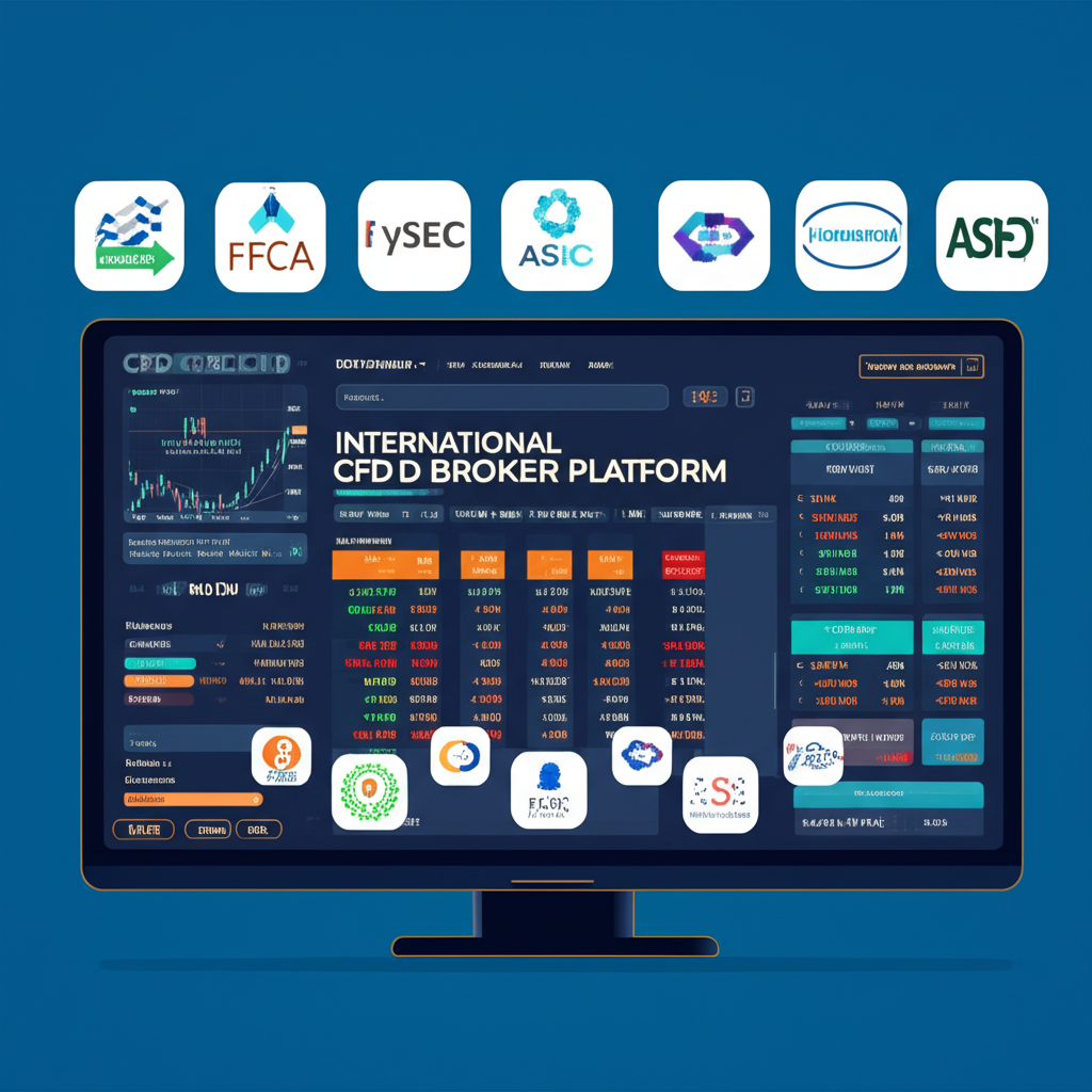 Mitrade平台介面與各國監管機構標誌示意圖