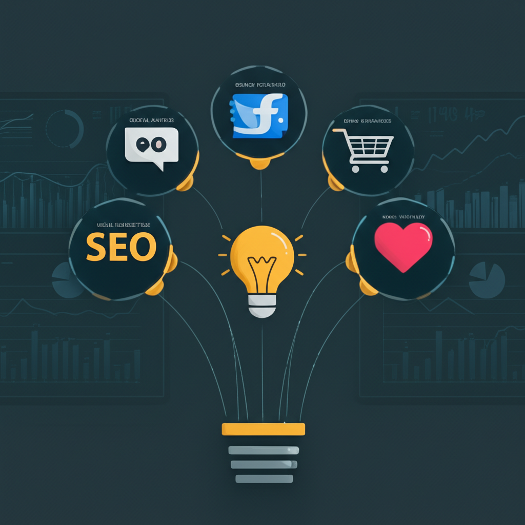 數位行銷管道如SEO、社群媒體和電子郵件行銷的網絡,匯聚達成品牌知名度、銷售和客戶忠誠等商業目標,背景有數據圖表