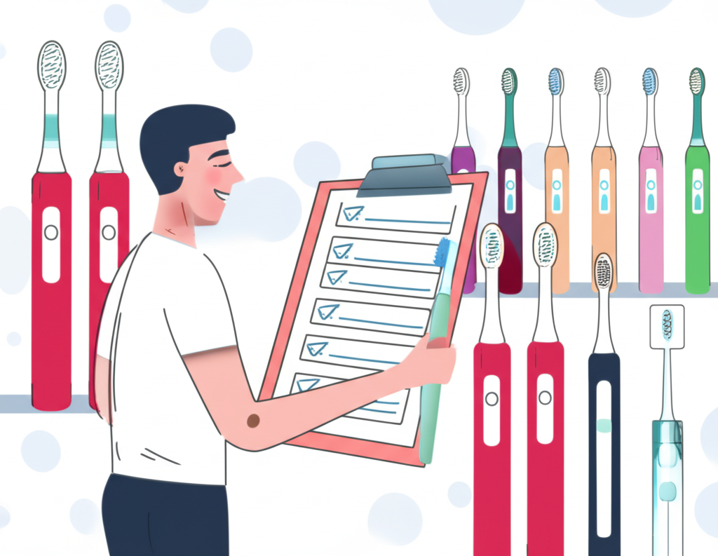 illustration of a person confidently choosing an electric toothbrush from many options guided by a checklist representing a smart buying decision for oral care