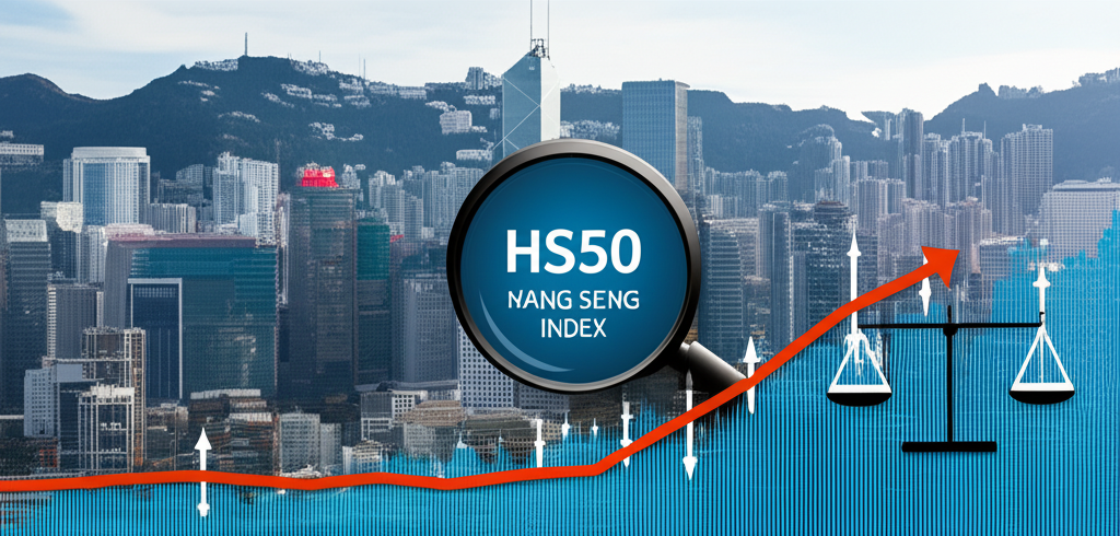 HS50與恒生指數關聯示意圖,包含藍籌股特寫、市值加權比例與同步走勢分析