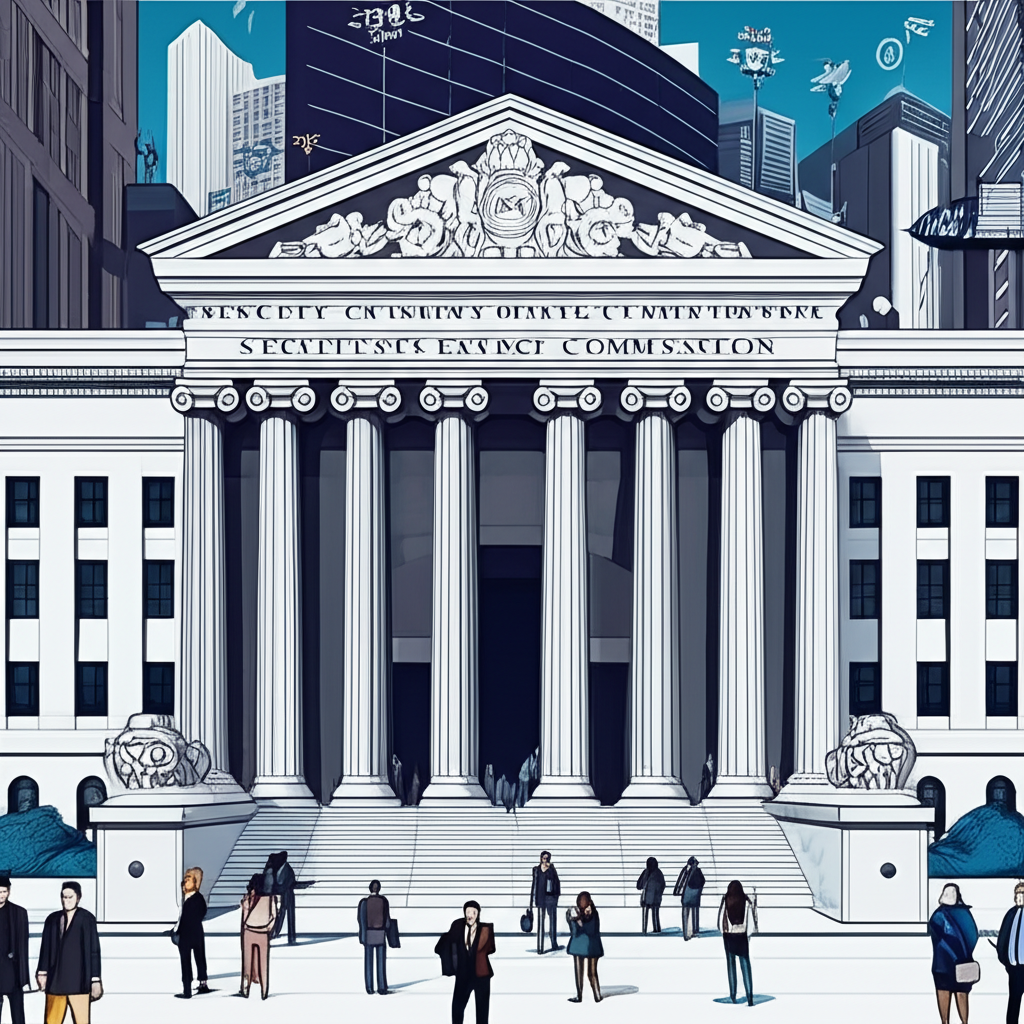 Illustration of SEC building standing firm in a bustling financial district, protecting investors and taming market chaos