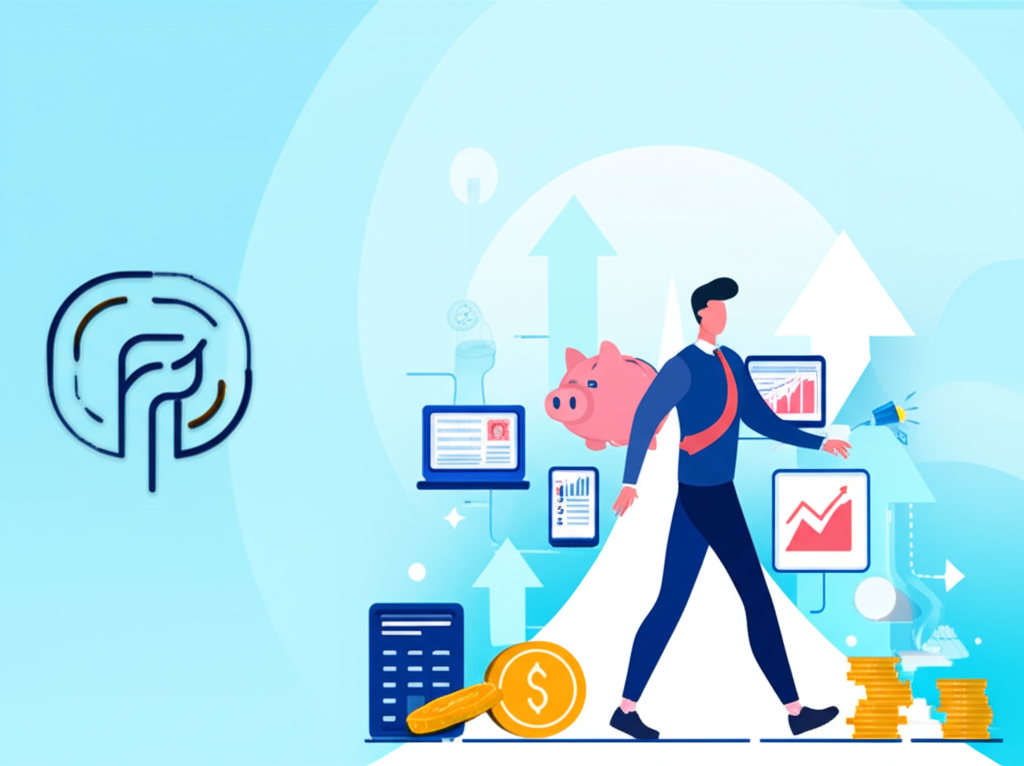 一位投資者自信踏上投資之旅，伴隨著群益標誌、周圍環繞多樣投資工具與財富成長象徵，在晴朗天空下展開