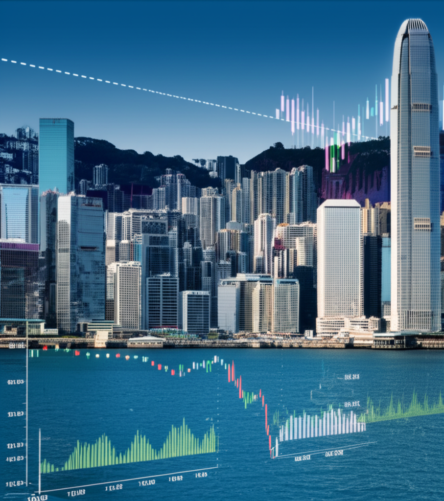 Hong Kong skyline with forex charts illustration