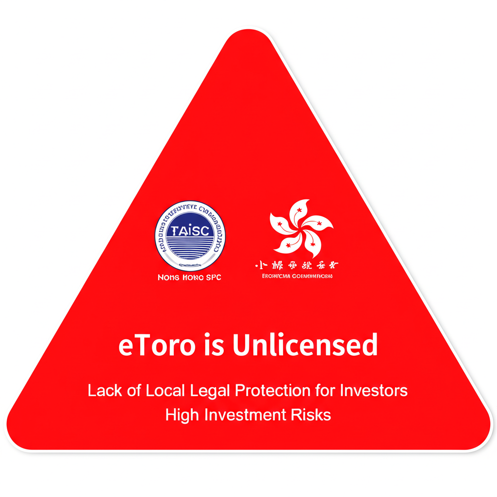 台灣金管會與香港證監會標誌出現在紅色警示標誌上,顯示 eToro 在兩地均未獲授權,投資人權益缺乏本地法規保障