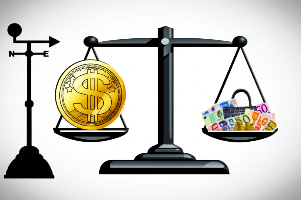 插圖描繪一枚強勢的美元硬幣置於天平上，與一籃子其他主要貨幣平衡，象徵美元對主要貿易夥伴的相對價值，並搭配風向標顯示其在金融市場中的強弱趨勢