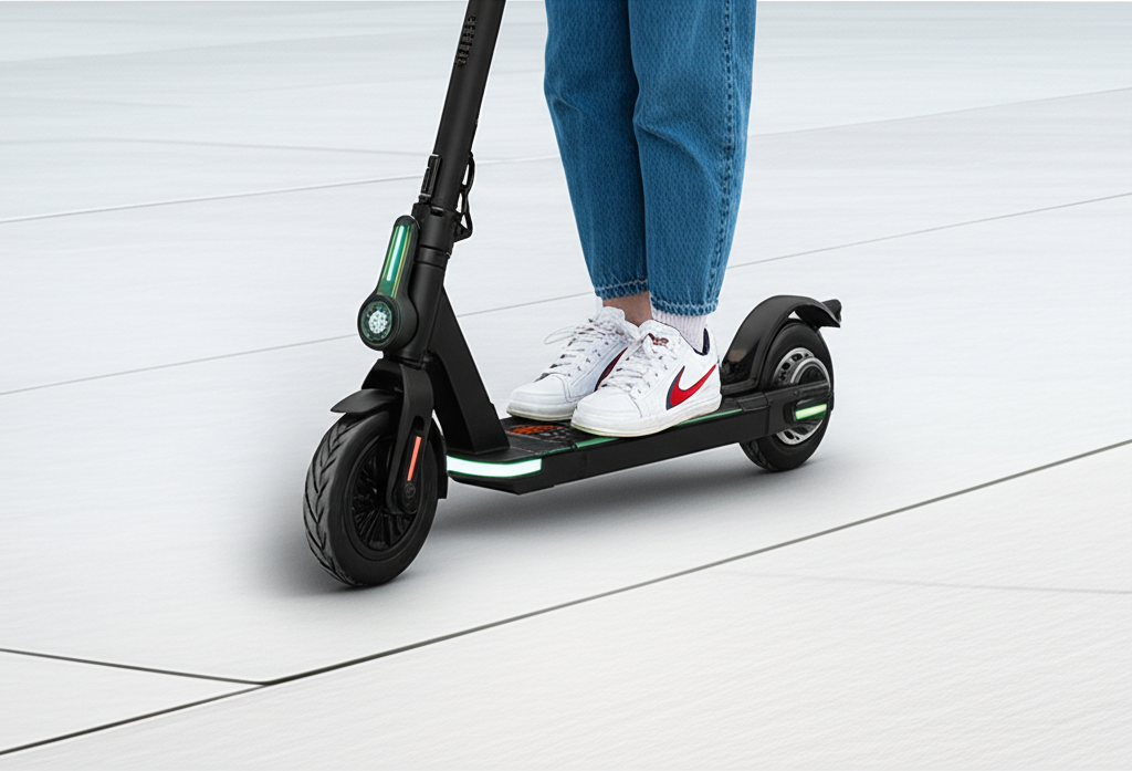 Ninebot KickScooter MAX G2電動滑板車在城市街道通勤插圖,強調雙避震與安全燈光