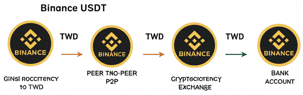 幣安USDT轉換成台幣的不同途徑插圖,包括點對點P2P交易和透過台灣本地交易所轉移,顯示資金流向