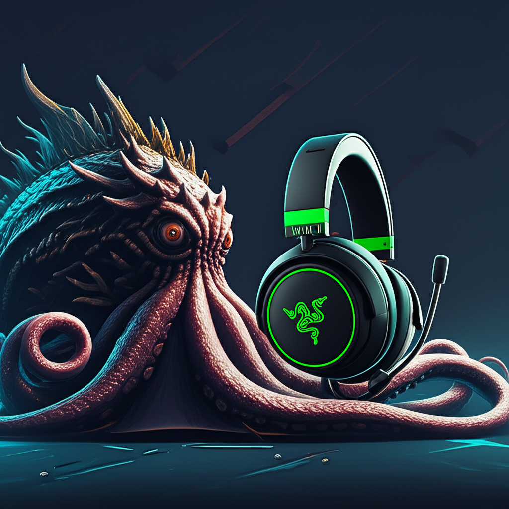 巨型神話海怪克拉肯與現代加密貨幣交易所標誌以及Razer Kraken遊戲耳機的數位藝術插圖