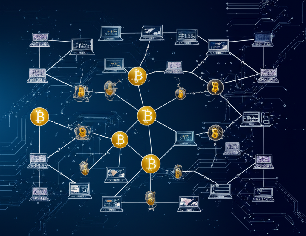 去中心化網絡與區塊鏈帳本運作示意圖，展現比特幣的核心原則