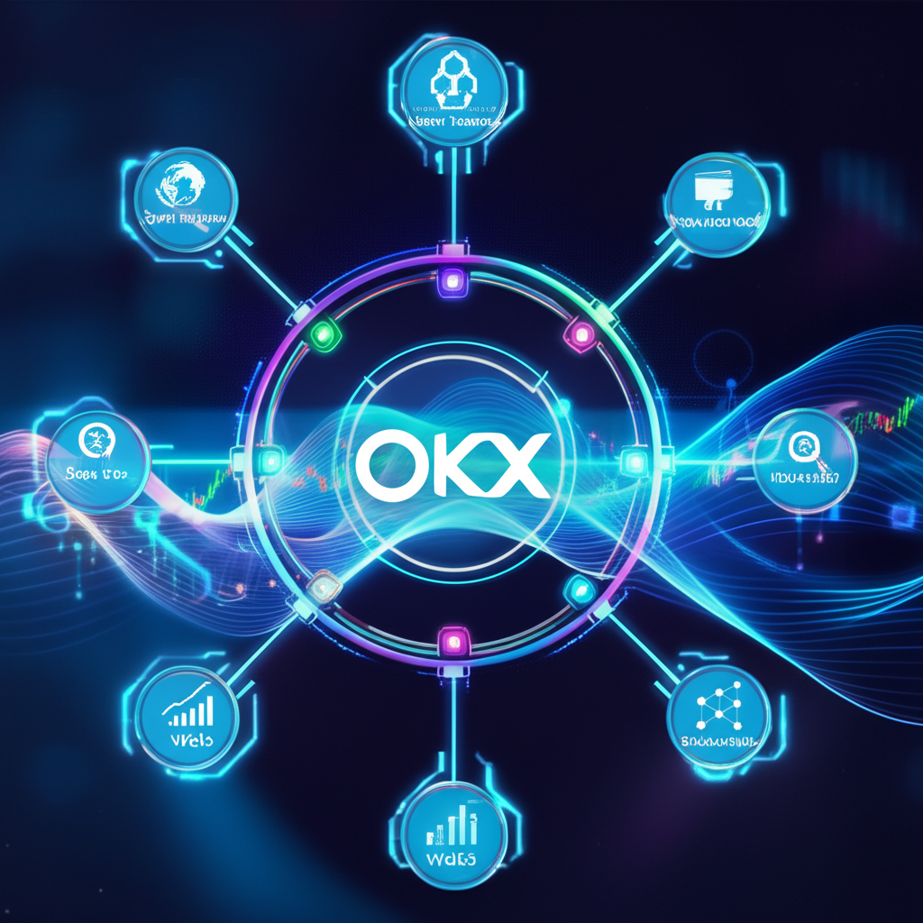 一個未來感的數位平台,包含現貨交易、衍生品、財富管理、Web3錢包與區塊鏈應用等相互連結的模組,中央顯著標示OKX標誌