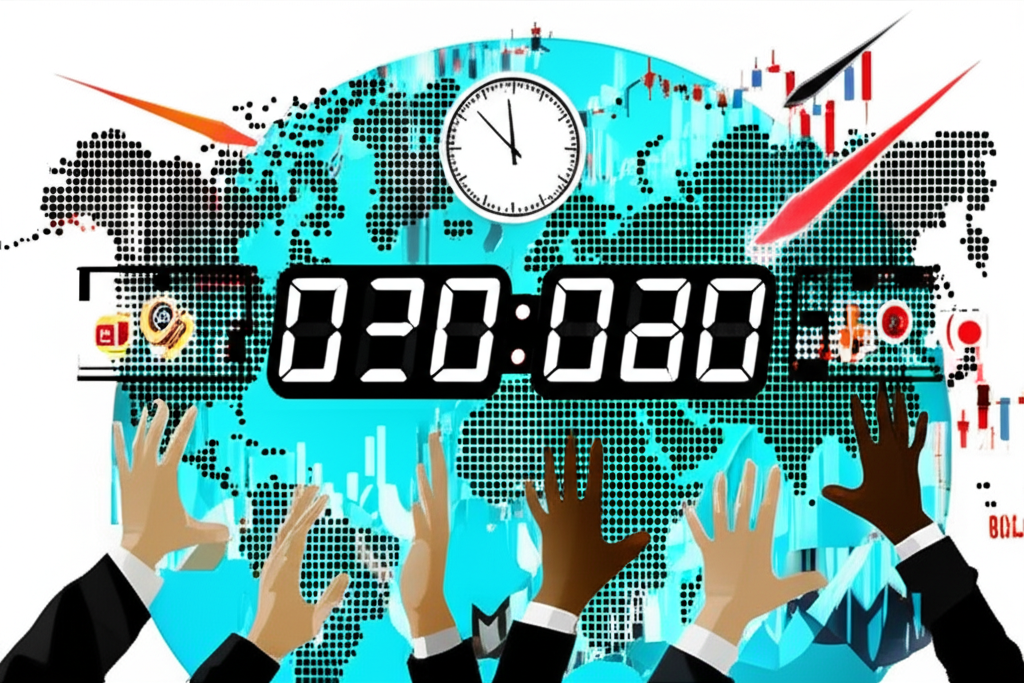 illustration of a digital clock showing extended trading hours around a globe with stock market charts and investor hands reacting to news