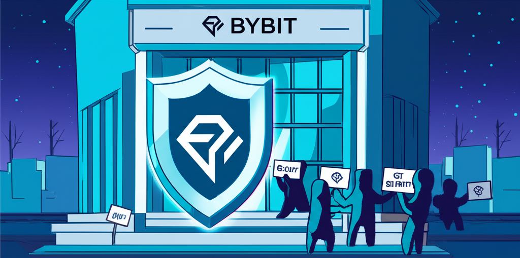 Bybit安全交易平台建築物以發光盾牌防護，陰影詐騙身影試圖複製標誌誘騙用戶的插圖