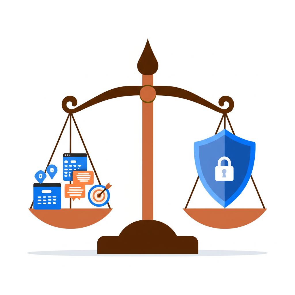 個人化行銷與數據隱私平衡的插圖，包含盾牌與鎖頭符號