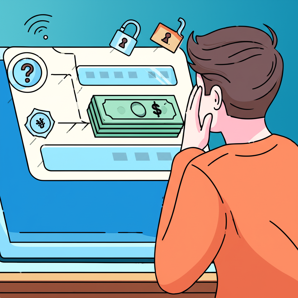 插畫：一個人盯著螢幕，顯示資金緩慢轉帳的時間軸，周圍環繞安全鎖、問號與手續費圖示，反映對出金流程的焦慮