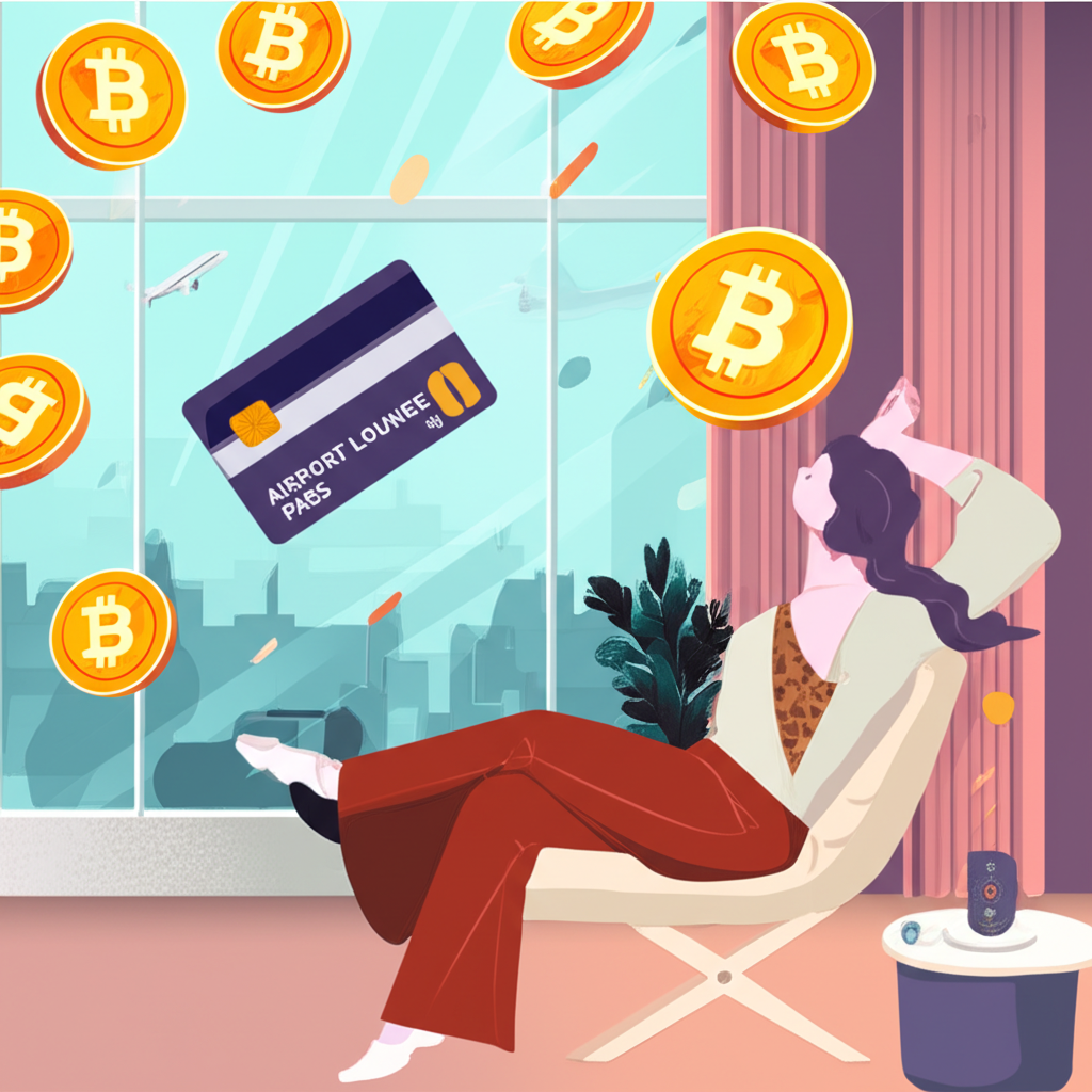 插圖:一名旅客持Crypto信用卡享受機場貴賓室服務,頭頂有加密貨幣如雨般落下,象徵高階卡片提供的豐厚回饋與全球便利性