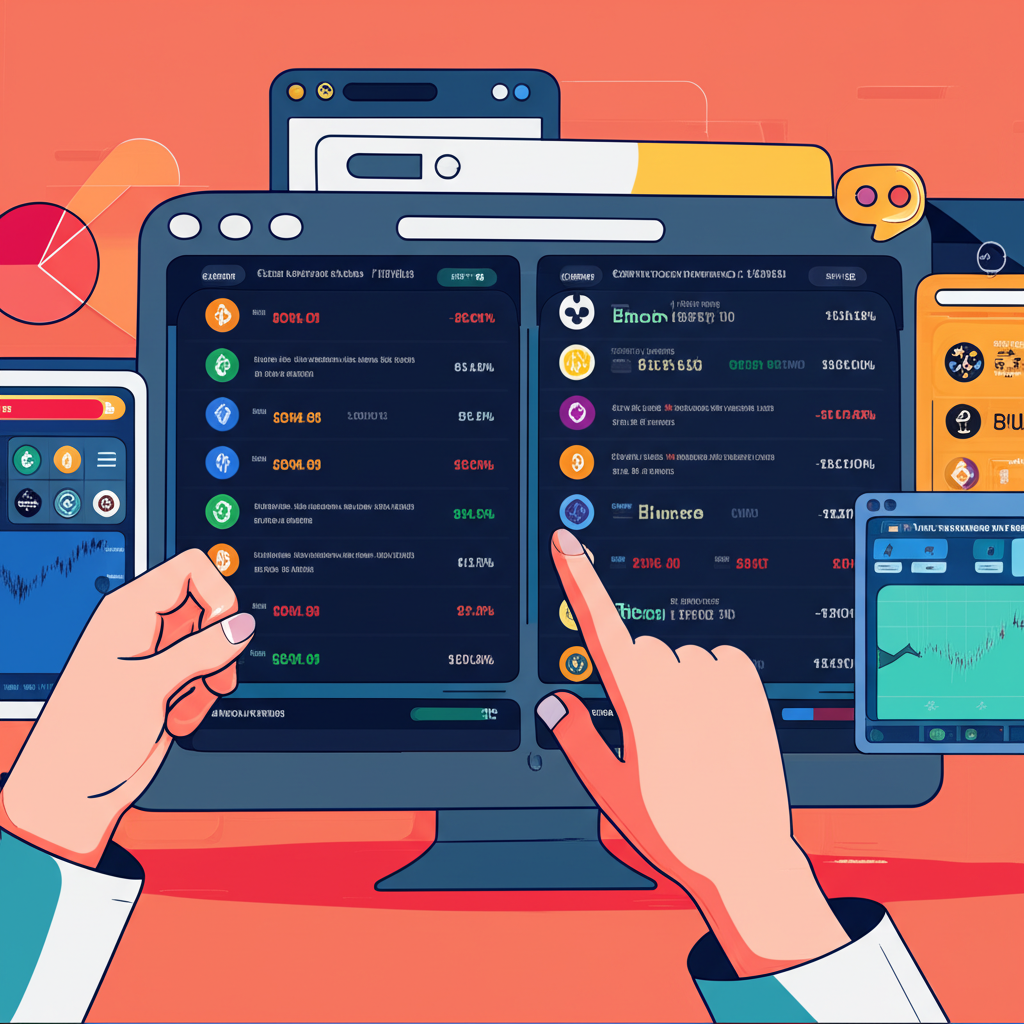 多個數位螢幕顯示如CoinMarketCap等加密數據網站與Bybit、Binance交易平台,用戶比較即時比特幣價格以確保準確性