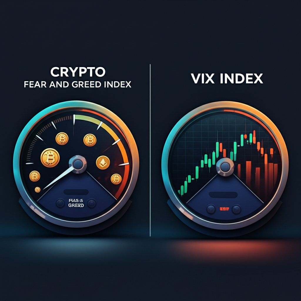 兩個不同儀表板的插圖,一個標記加密貨幣貪婪恐慌指數帶比特幣符號,另一個標記 VIX 指數帶股票市場圖表,突出其不同市場焦點