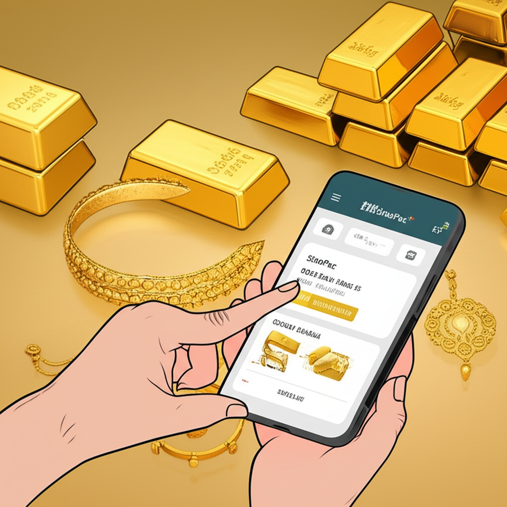 台灣投資人使用永豐黃金存摺透過數位裝置管理投資，背景有實體金條與金飾，受金融監管保障