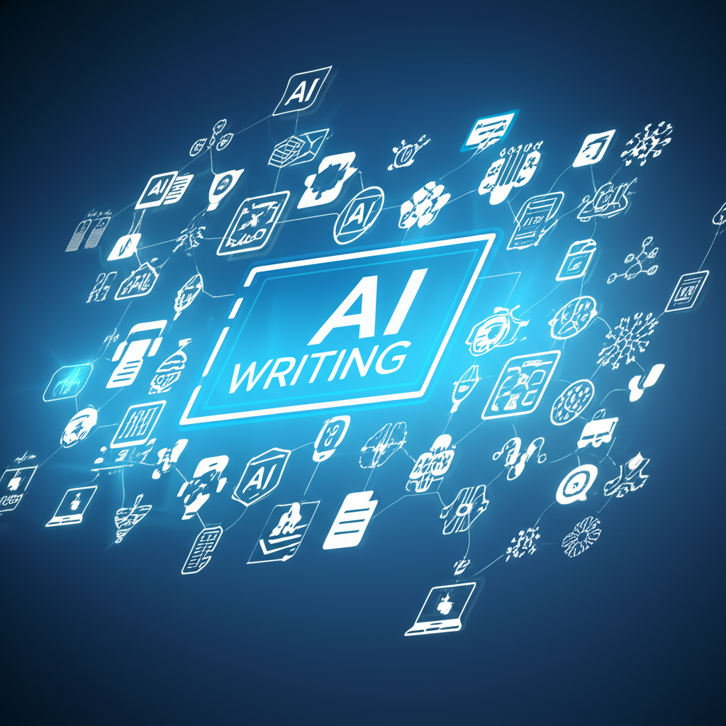 數位市場充滿各種 AI 寫作工具標誌和圖標,象徵使用者多樣功能選擇的亮麗景觀
