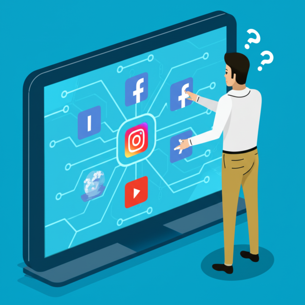 數位防火牆阻擋Instagram、Facebook、YouTube等國際社群應用,一位困惑的使用者試圖連接,呈現安全且資訊性的風格