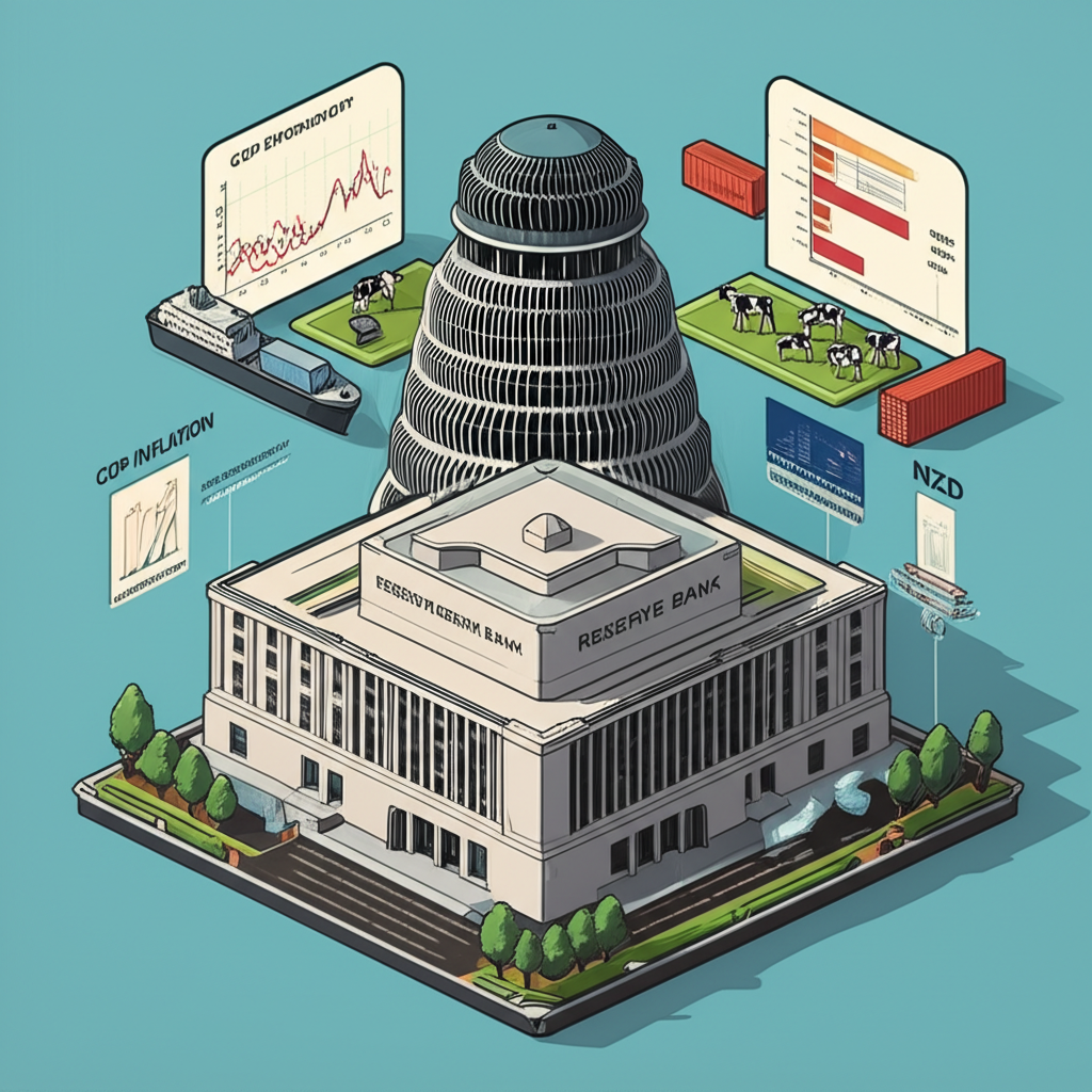 紐西蘭儲備銀行與經濟數據圖表及乳製品貿易象徵,突顯影響紐幣經濟的關鍵元素