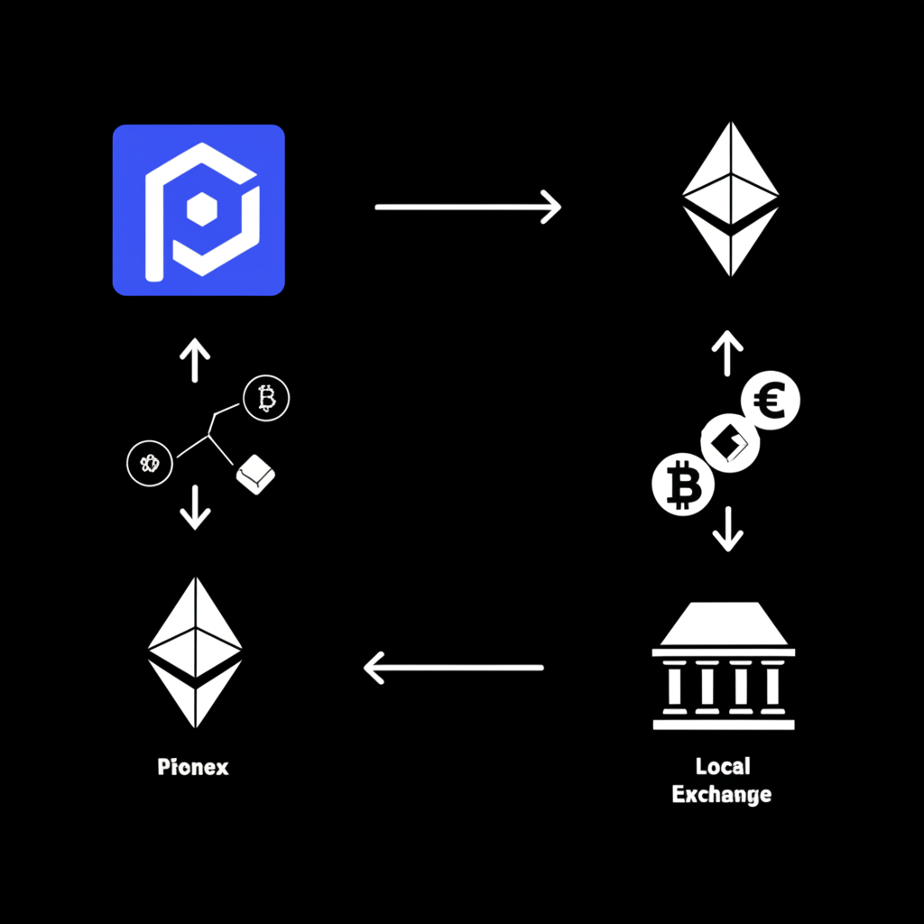 Pionex 出金方式示意圖：加密貨幣直接轉移至交易所或錢包，另一路徑經本地交易所換成法幣至銀行