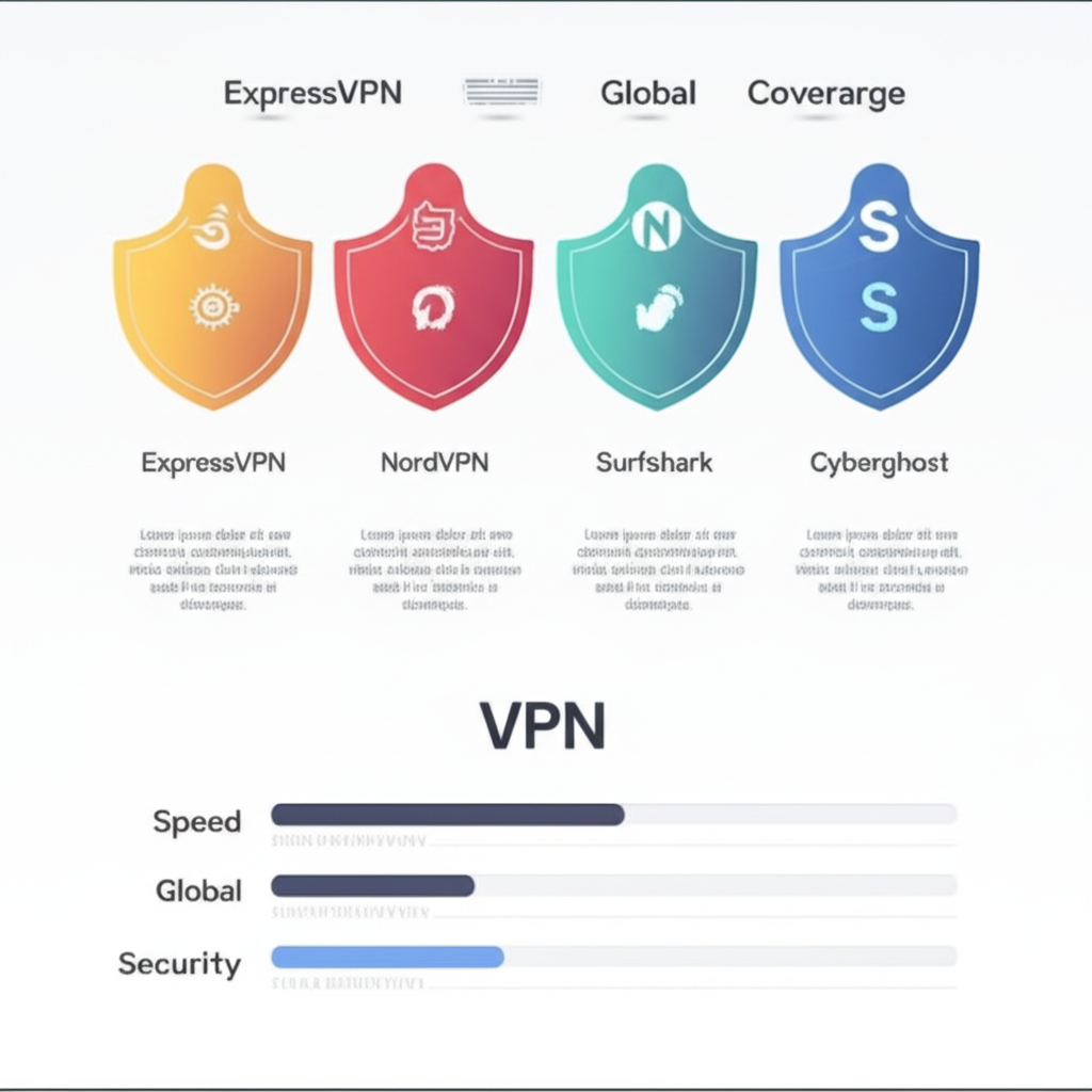 2024最佳VPN服務比較圖表:ExpressVPN、NordVPN、Surfshark、CyberGhost的特色盾牌圖示
