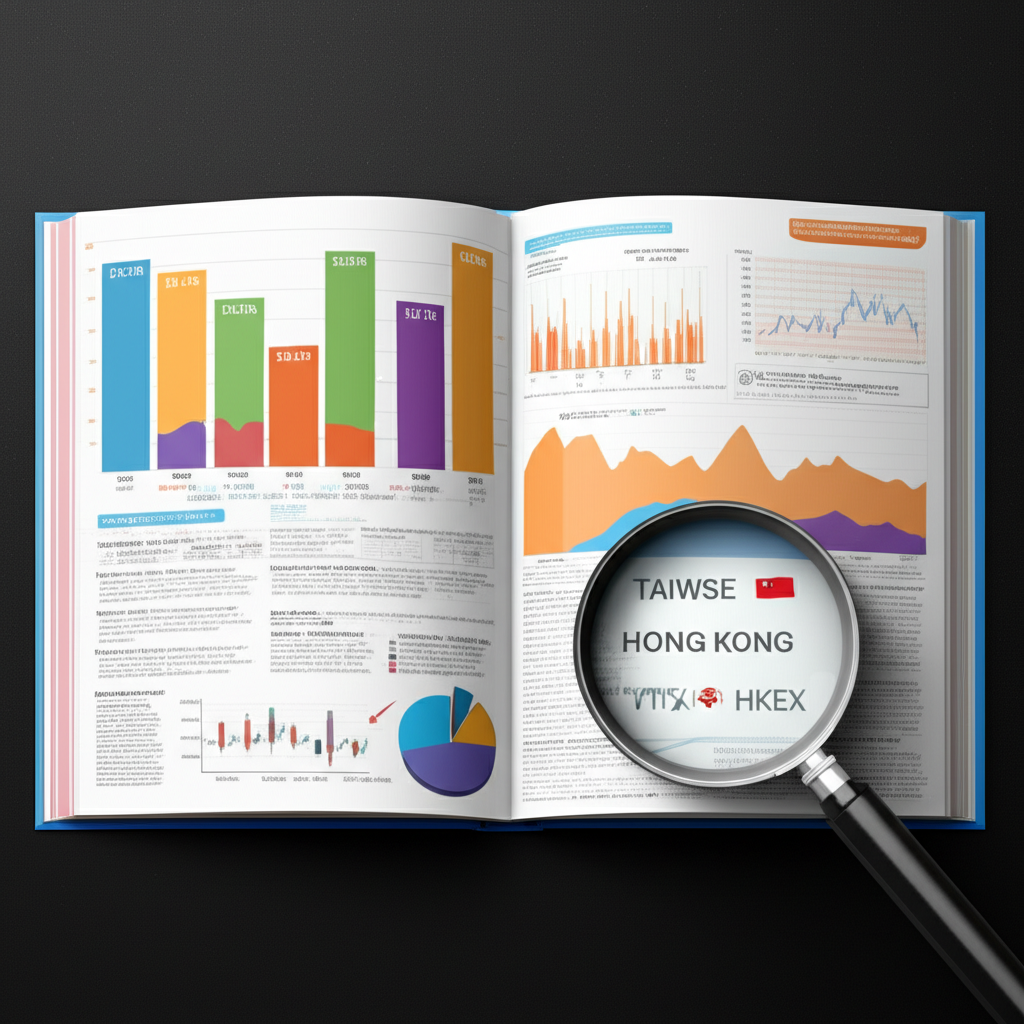 一本打開的綜合指南書,顯示各種財務圖表與數據,放大鏡聚焦在台灣與香港市場符號上的動態插圖